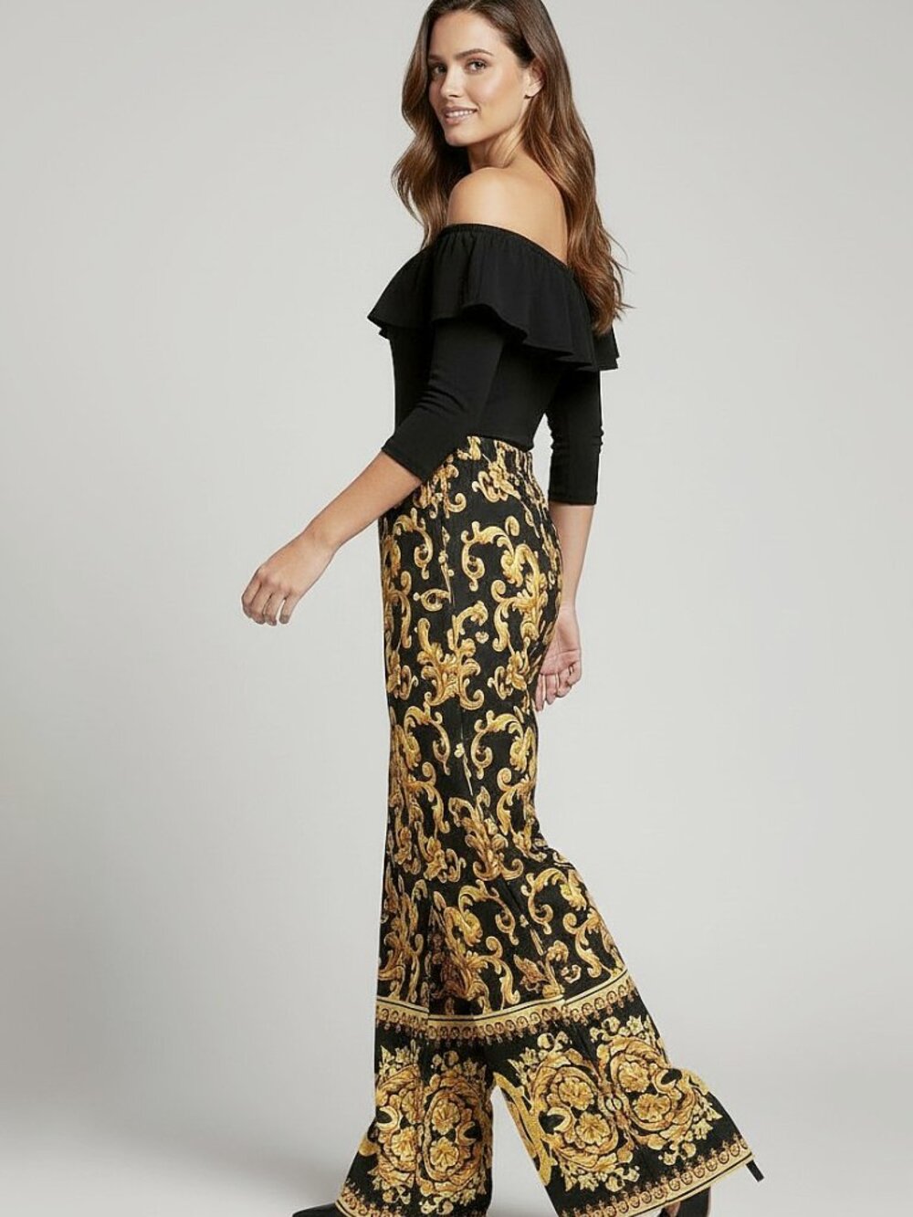 Black Gold Baroque Off Shoulder Wide Leg Jumpsuit Ruffle Shoulders XL - Picture 4 of 7